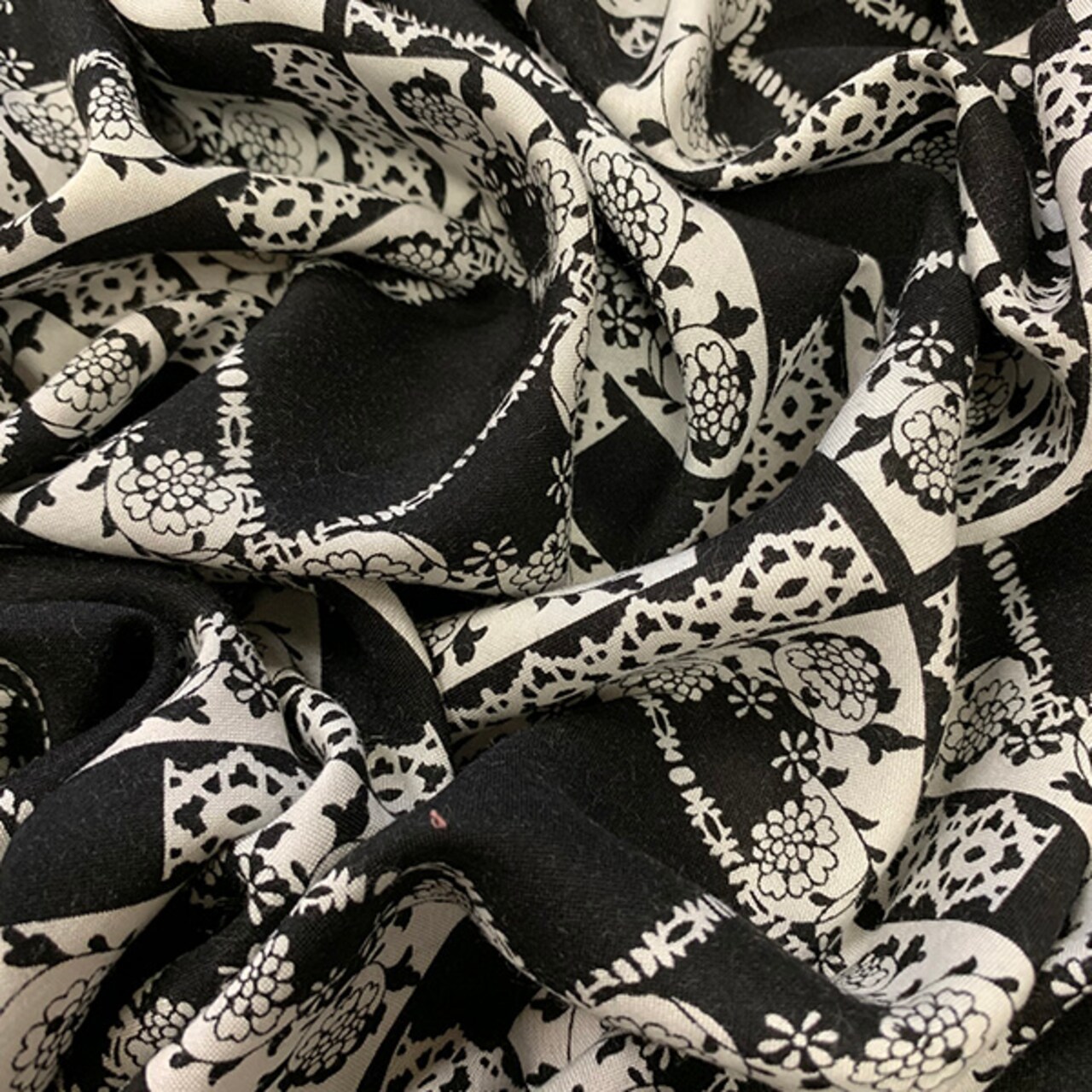 Black and White Lace Look Print Rayon Challis Fabric By the Yard